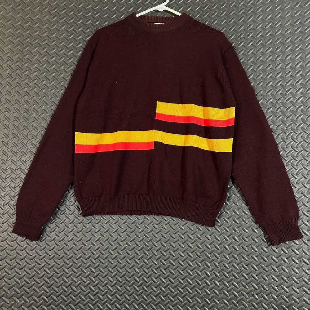 Vintage Andros Geometric Stripe Sweater‎ Mens XL Brown Red Yellow Acrylic 80s
